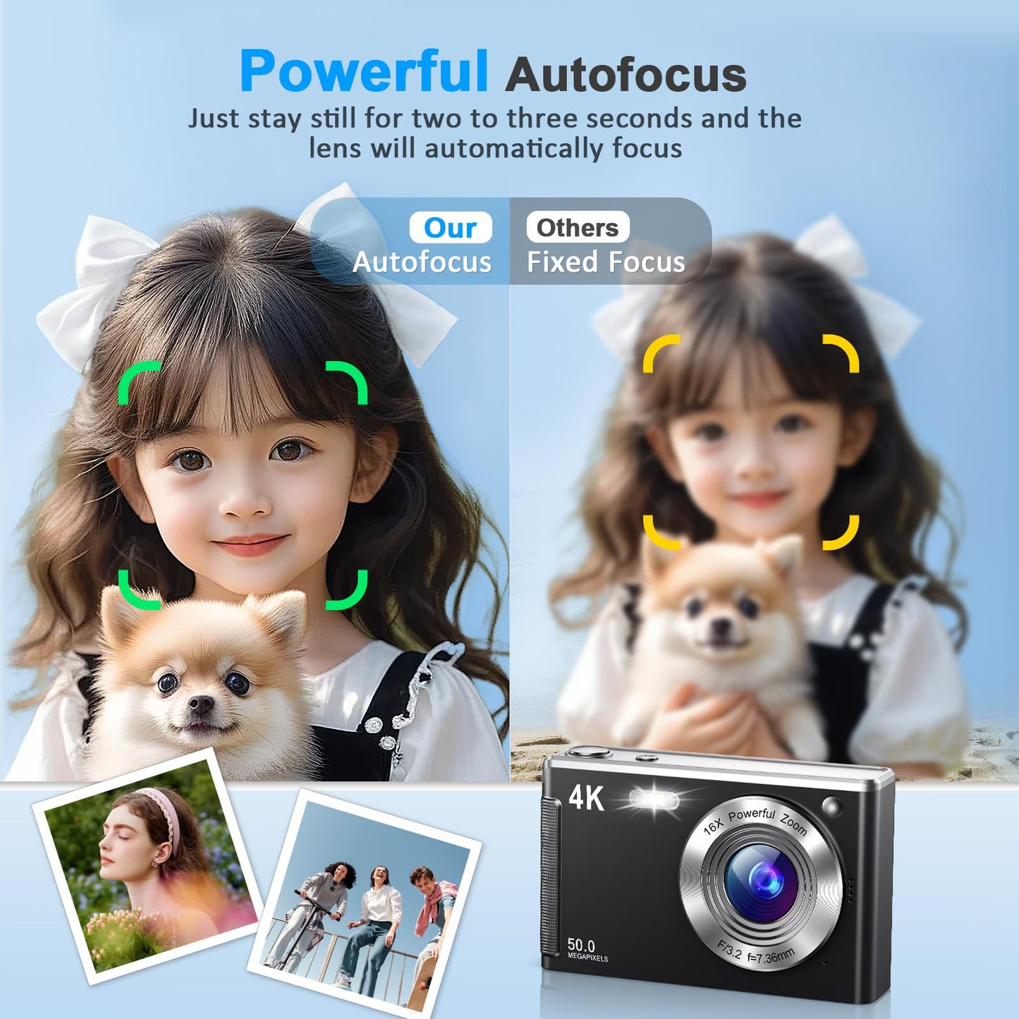 4K Digital Camera, Autofocus Vlogging Cameras for Photography with 32GB Card, 50MP Portable Compact Point and Shoot Digital Camera for Beginner Teens Adult with 16X Zoom Anti-Shake, 2 Batteries