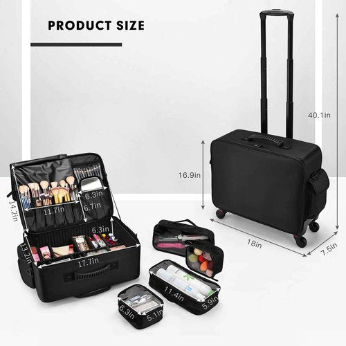 Rolling Makeup Case Cosmetology Case on Wheels Extra Large Cosmetic Artist Bag Portable TravelCase for Hairstylists Nail Tech Traveling Professional Make Up Train Suitcase Carts Trolley, Black