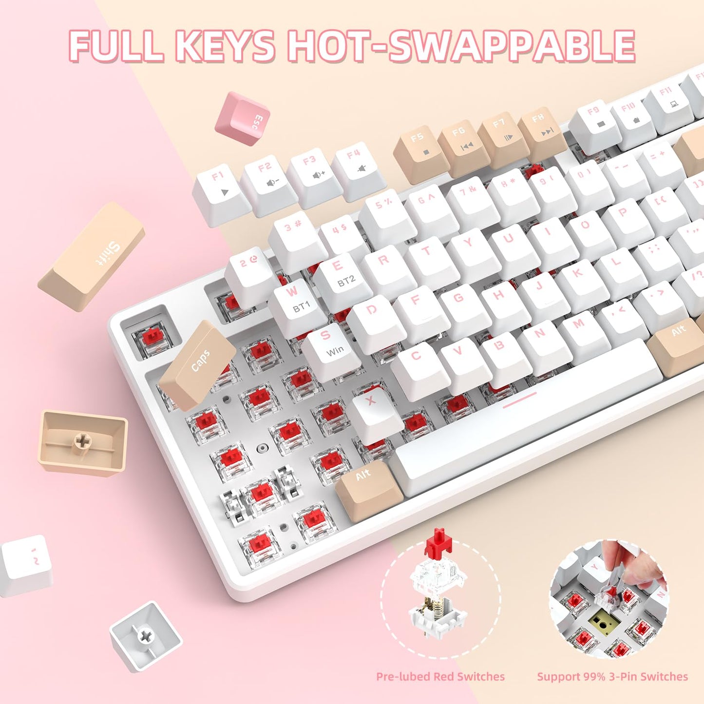A.JAZZ Wireless Mechanical Keyboard, 87 Keys TKL Hot Swappable Bluetooth Gaming Keyboard, Dual Mode BT5.0/2.4G with Detachable Frame, USB Hub OEM Keycaps Custom Keyboard for PC Gamer Xbox(Red Switch)