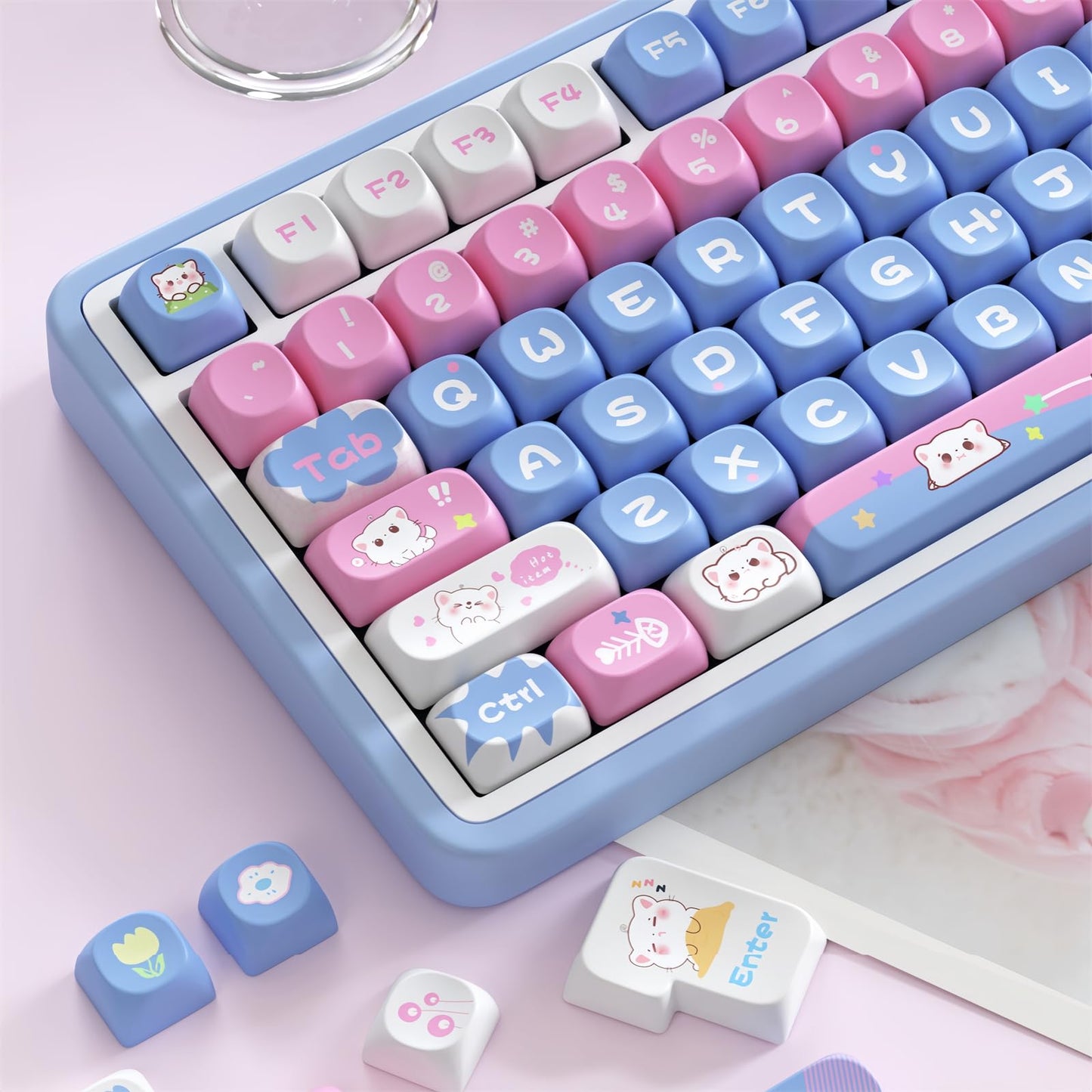 ZMX Cute Cat Keycaps,Kawaii PBT Dye-Sub Custom Keycaps SOA Profile 136 Keys Full Size Keycap Set for 60% 65% TKL Cherry MX Switch ANSI Layout Mechanical Gaming Keyboard Creamy Keycaps (02)
