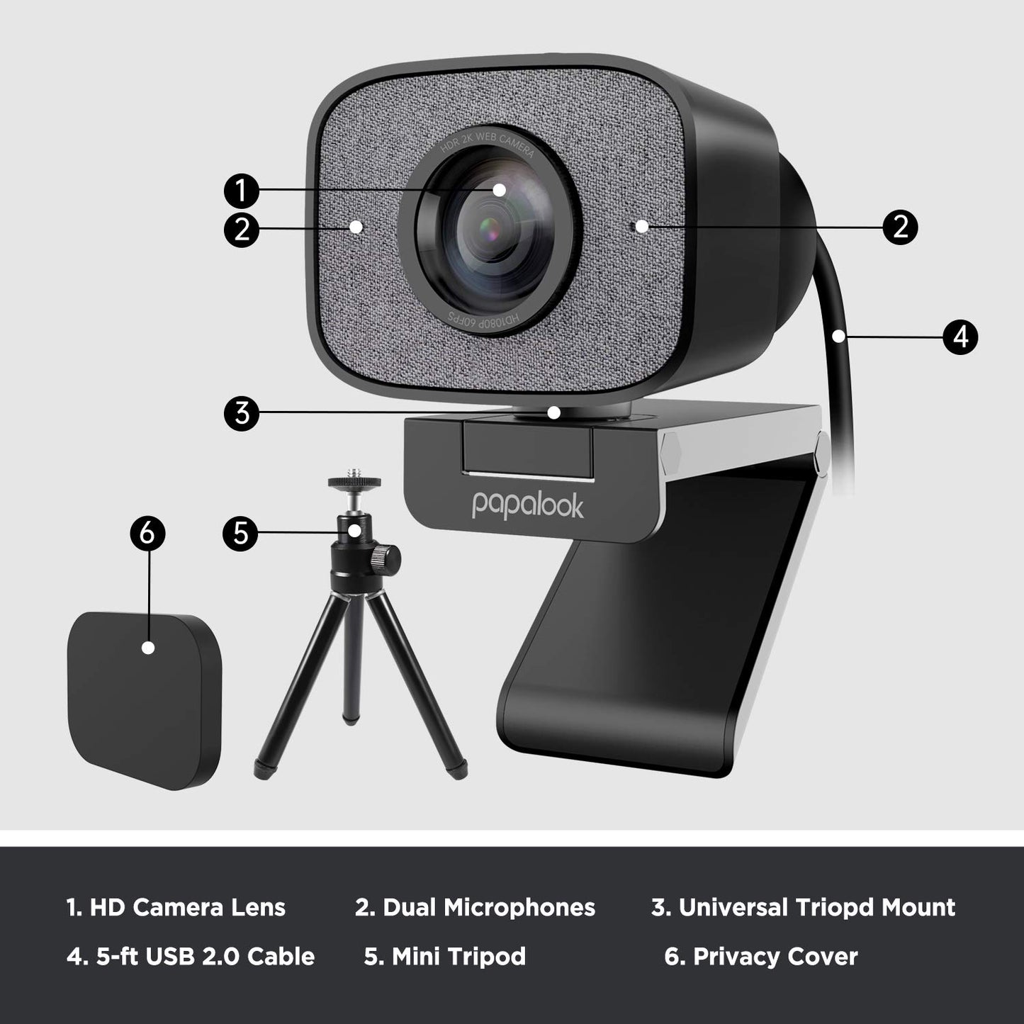 2023 2K Ultra HD Webcam, PAPALOOK PA930 1080P 60FPS Live StreamCam with Dual Microphone, 90° Fixed Focus, Privacy Cover and Tripod, Computer USB Web Camera for Zoom/Skype/Twitch/OBS