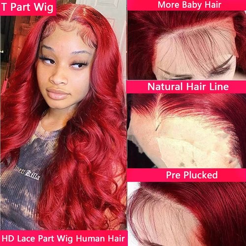 MUPRETTY 99J Burgundy Lace Front Wigs Human Hair Bleached Knots Body Wave Lace Front wig 13x4x1 T Part Lace Wig Human Hair 180% Density Glueless Wigs Human Hair Pre Plucked Natural Hairline (22Inch)