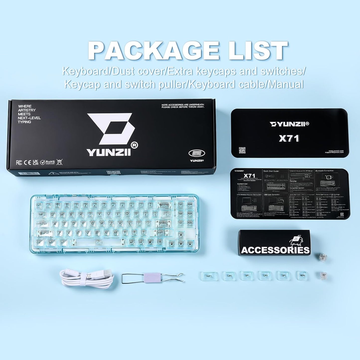 YUNZII X71 Wireless Hot Swappable Transparent Mechanical Keyboard with Clear Keycaps, 68% Layout, BT5.0/2.4G/USB-C Gasket Mount Wireless RGB Backlit for Windows/Mac(Crystal Ice Switch,White)