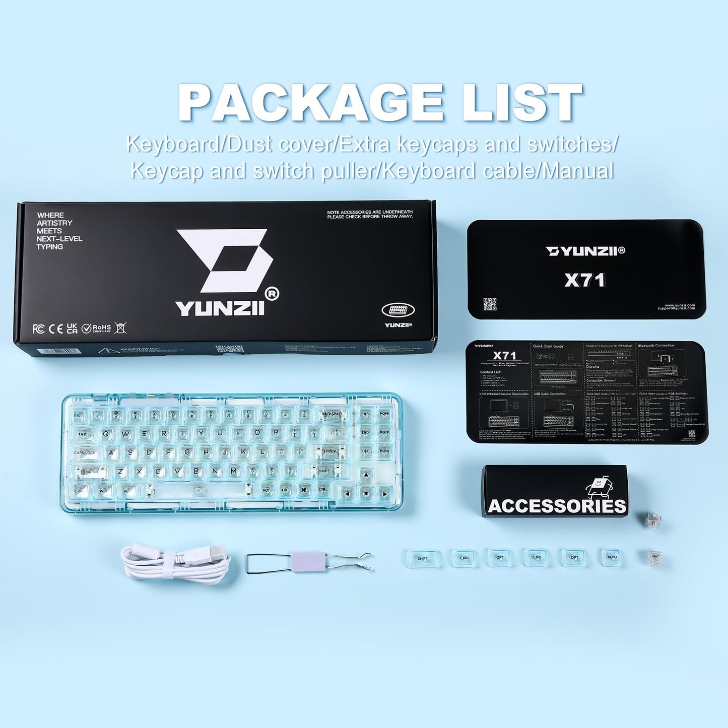YUNZII X71 Wireless Hot Swappable Transparent Mechanical Keyboard with Clear Keycaps, 68% Layout, BT5.0/2.4G/USB-C Gasket Mount Wireless RGB Backlit for Windows/Mac(Crystal Ice Switch,Cyan)