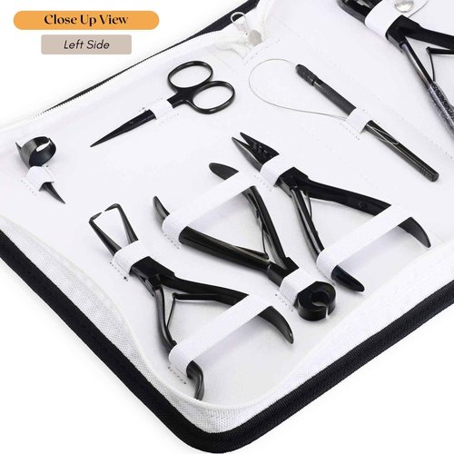 My Hair Tools Hair Extension Tools Kit – Tape-in Press Plier, Keratin Bond Cutter, 3 Hole Nano & Micro Beads Crimping & Remover Pliers, Hair Parting Tool, Mini Scissor, 12pcs Clips & Needles (Black)