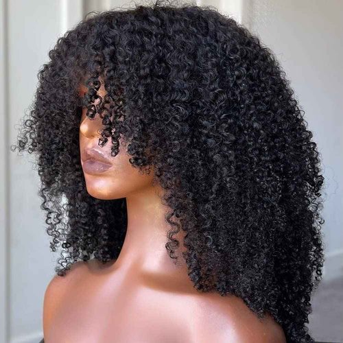 Meadow hair Full 200 Density Afro Kinky Curly Human Hair Wig With Bang Brazilian Virgin Afro Coily Wigs Bangs For Black Women Machine Scalp Top Wig Glueless 14inch