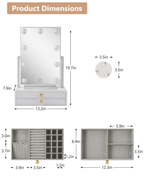 Star Vision 2-in-1 Large Lighted Hollywood Mirror & Jewelry Organizer, 3 Color Tones & Dimmable Light, 2-Layer Drawers, PU Surface with Stitching, Includes a 10X Magnification Mirror, White