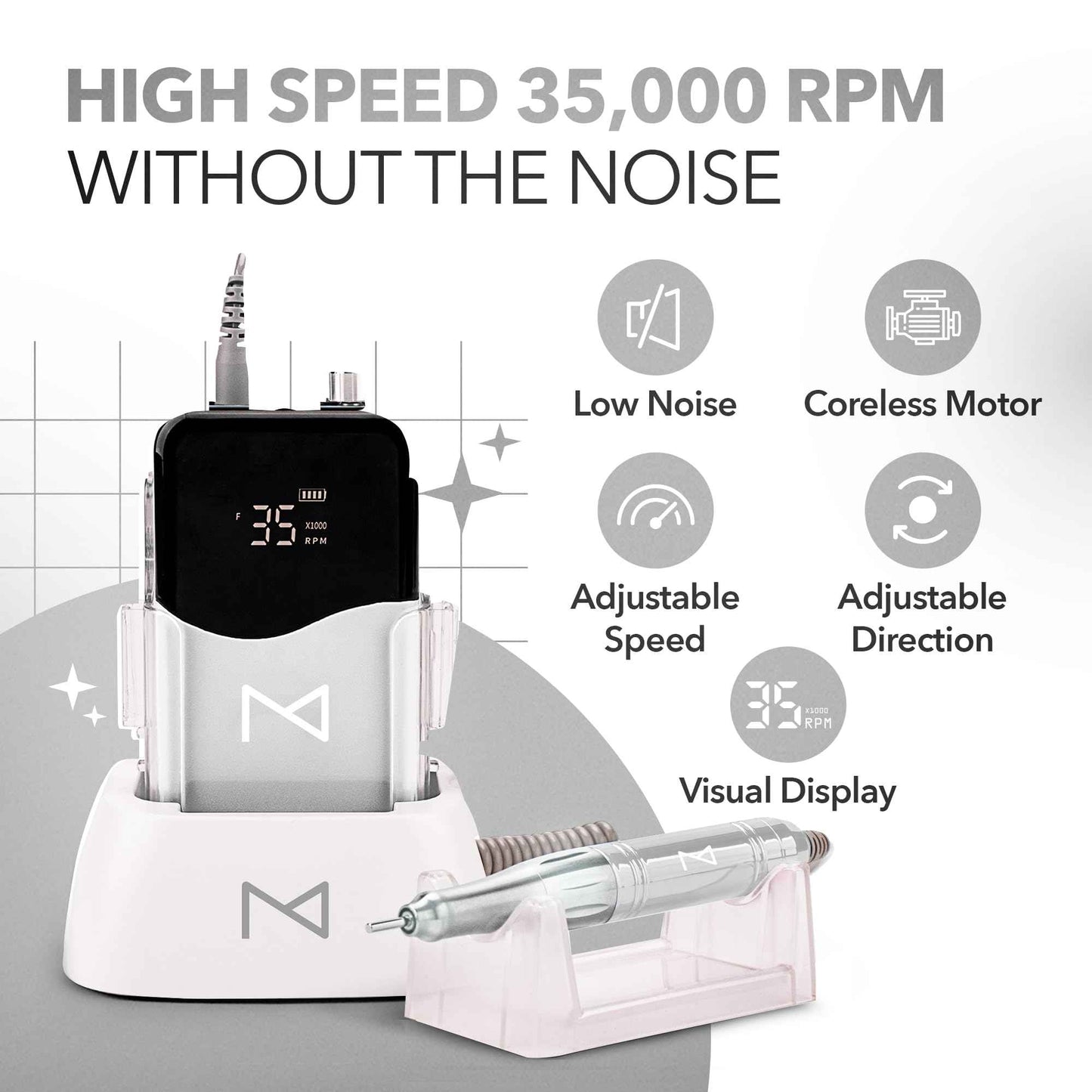 M Mase- Professional Nail Drill Machine - Coreless 2-in-1 Nail File - Electric, Cordless, 35000 RPM, HD Display - Electric Nail Drill for Professional & Home Use (White)