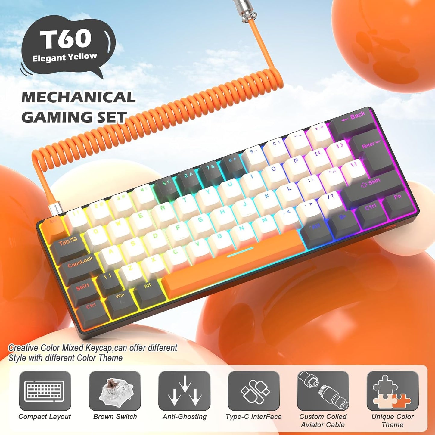 ZIYOU LANG RK-T60 Wired Mechanical Gaming Keyboard and Mouse Combo Portable with Rainbow Backlit 62Key NKRO 6400DPI RGB Honeycomb Mice Coiled Aviator Cable for PS4/PC/WIN Gamer(Light Gray/Red Switch)