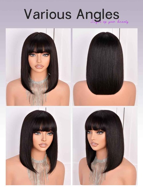 MURAME Bob Wig Human Hair 210% Density Bob Wig with Bangs 100% Human Hair Wigs for Black Women Pre-Bleached Glueless Straight Bob Wigs(12Inch,black bob wig)