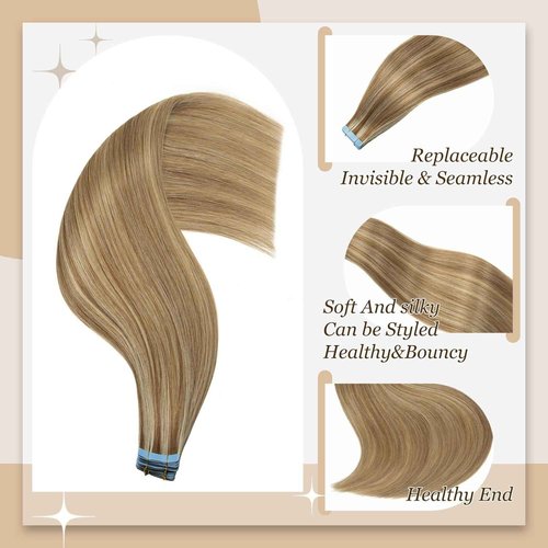 Tape in Hair Extensions Human Hair, Hair Extensions 18 Inch 20pcs 6p613 Remy Straight Human Hair Tape in Extensions Skin Weft Tape Extensions Human Hair