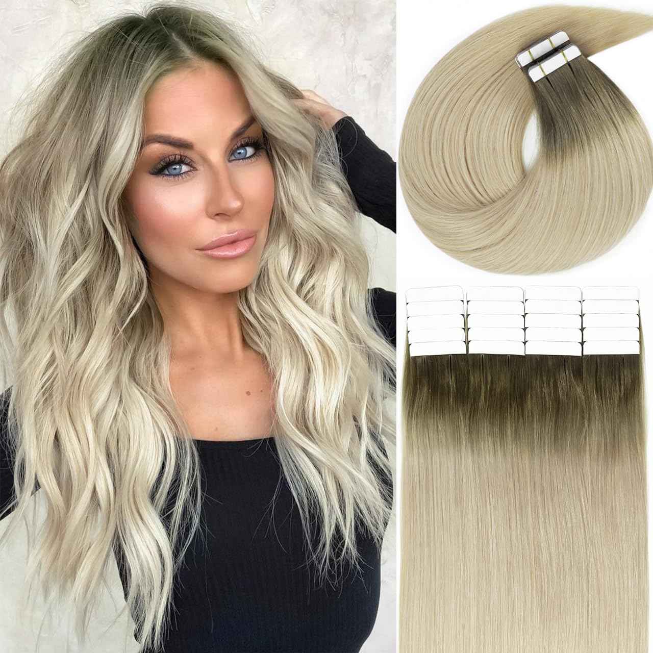 Lacer Natural Tape In Extensions Human Hair Light Ash Brown Roots Light Platinum Blonde Hair Extensions Straight Human Hair Tape In Extensions Skin Weft Tape Extensions Human Hair 16inch 40Pcs 100G