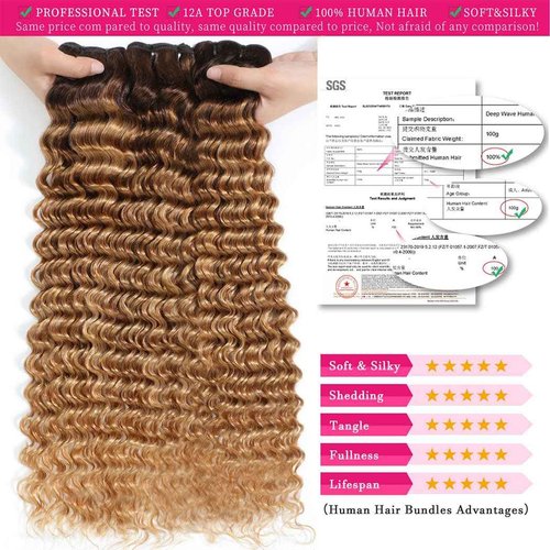 msVenus Ombre Human Hair Deep Wave Bundles T4/27# Brown to Honey Blonde Color Deep Curly Human Hair 3 Bundles for Women Wet and Wavy Bundle (18 20 22 Inches)