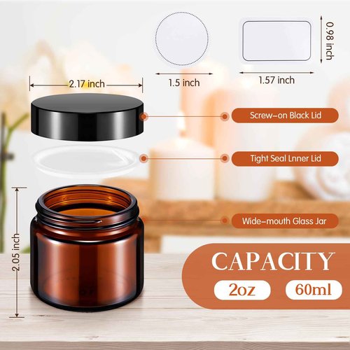 Layhit 90 Pcs 2 oz Glass Jars with Lids Bulk, Small Jars Containers Travel Storage Jar with Inner Liners Labels for Candle Scrubs, Lotions, Cream, Lip Balm (Amber,Black Lid)