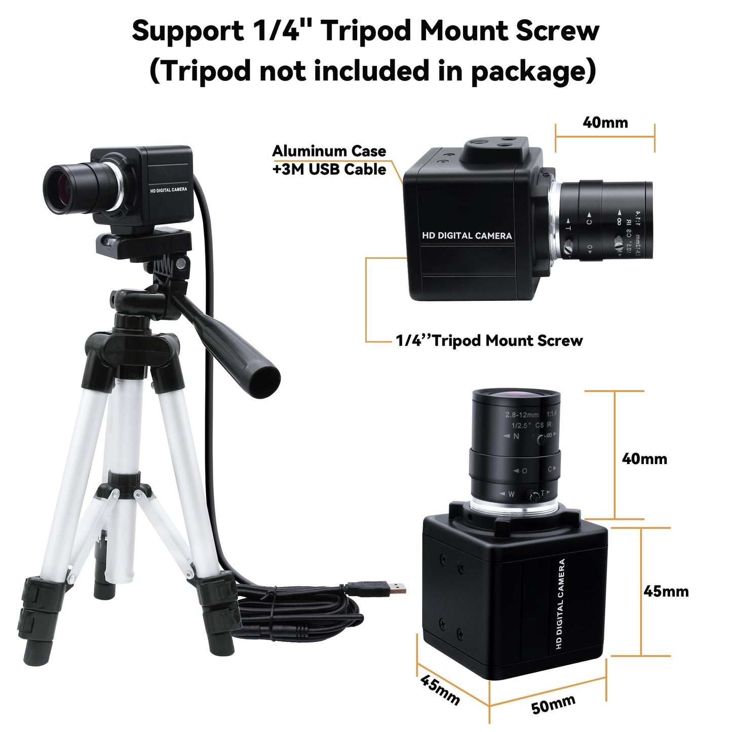 5MP USB Camera 2.8-12mm Varifocal Lens 4X Manual Zoom Lightburn Webcam OV5640 Sensor Close-up Camera 1944P Golf Swing Cameras Plug&Play for Mac Windows Linux Raspberry Pi
