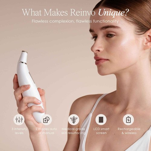 Reinvo Facial Microdermabrasion Wand by Project E Beauty | Gentle Exfoliation | Reduce Wrinkles & Fine Lines | Decrease Pores | Fresh & Radiant Skin | 4 Interchangeable Heads | Vacuum Suction Device