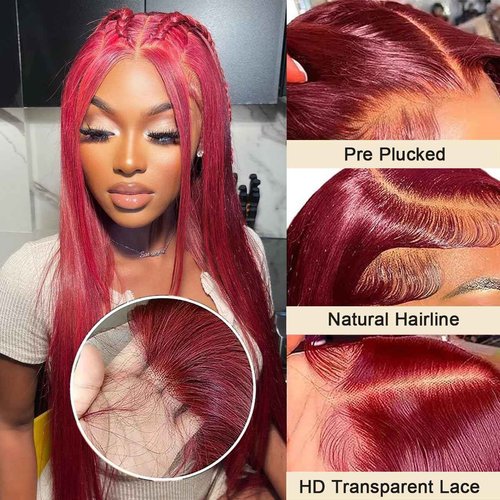 AUOU 32 Inch 99j Burgundy Lace Front Wigs Human Hair Pre Plucked Straight 13x4 HD Lace Front Wigs Human Hair 200% Density Glueless Red Color Frontal Wigs Human Hair for Women