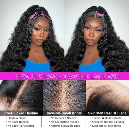 GCTDC 22 Inch Deep Wave Lace Front Wigs Human Hair Curly Wig Human Hair Pre Plucked 13x6 HD Real Human Hair Wig Natural Black for Women Invisilbe Hairline Tiny Knots 200 Density Longer Life