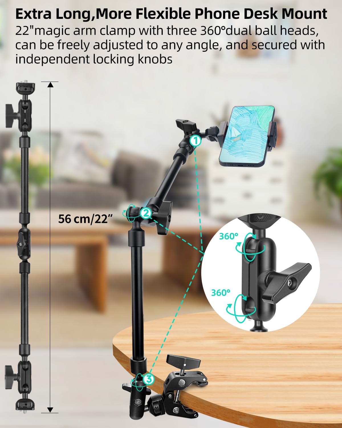 22" Magic Arm w Clamp, Overhead Phone Mount, Flexible Desk Camera Mount, Articulating Friction Boom Arm w Thread Adapter, for POV Shot, Light, Webcam, Mic, Action Camera, for Content Creators