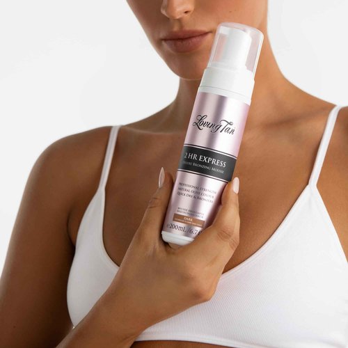 Loving Tan 2 HR Express Self Tanning Mousse, Dark - Streak Free, Natural, Professional Quality - 5+ Sunless Self Tanner Applications per Bottle, Cruelty Free, Naturally Derived DHA - 6.7 FL Oz