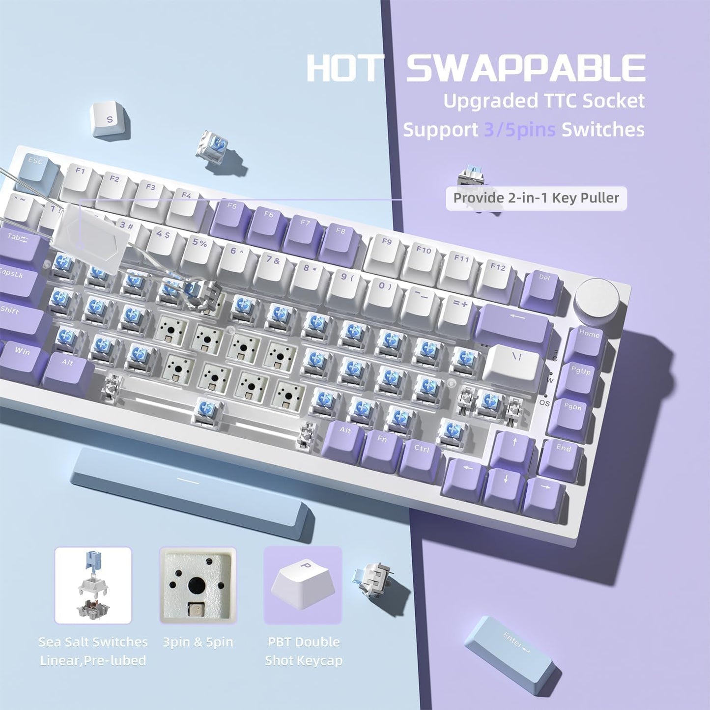 Attack Shark ajazz AK820 Wired Mechanical Gaming Keyboard with Volume Knob Hot Swappable 75% Gasket Keyboard 5-Layer Noise Absorbing Foam PBT Keycap Ice Blue Backlit Blue Switch for PC/Win/Mac-White