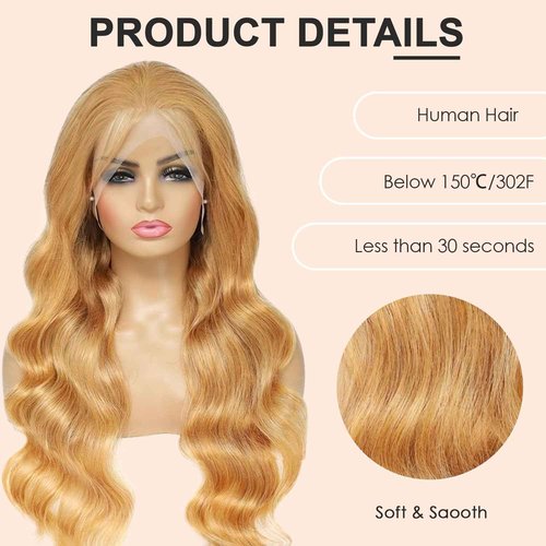 Shciyair 28 Inch Honey Blonde Wig Human Hair 200 Density 13x4 Body Wave HD Lace Front Wigs Human Hair Pre Plucked Blonde Wig Human Hair Colored 27# Lace Frontal Wigs For Women