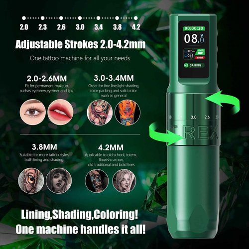Tattoo Kit Complete for Beginners, Pen Tattoo Machine Kit, Tattoo Practice Kit with Cartridge Needel, Tattoo Set with 7 Adjustable Stroke Tattoo Gun Kit, 1600mAh Battery Power