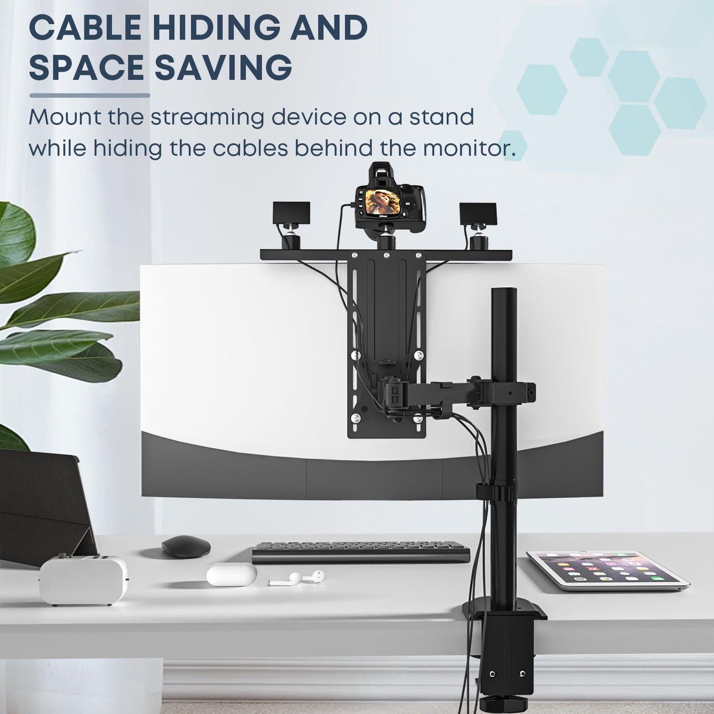 16 inch VESA Monitor Mount Shelf for Streaming - Holds Cameras, Webcams, Microphones & Lights, Height Adjustable, Fits 100×100 mm VESA Pattern, All-in-One Design (Black)