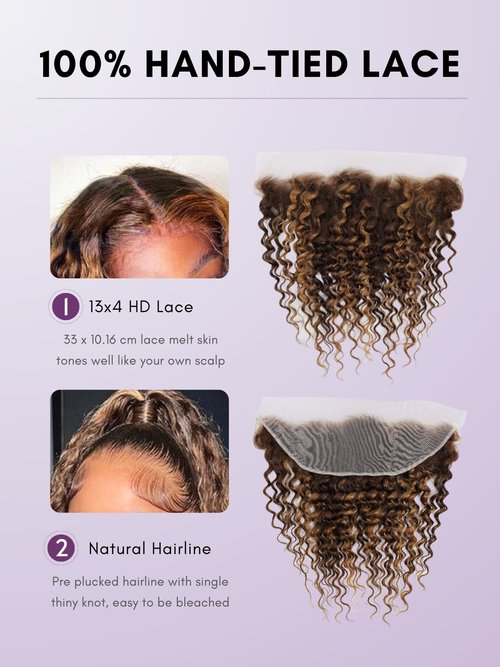 AUROO Honey Blonde Highlight Deep Wave 13x4 Lace Frontal Closure Only Human Hair, 12A Virgin 100% Hand Tied Ear to Ear Ombre Brown HD Transparent Frontal Pre Plucked P4/27 Curly Lace Frontal Remy 16In