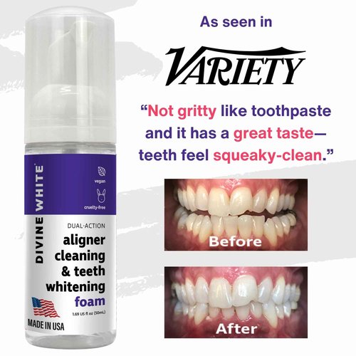 Divine White 2 in 1 Aligner Cleaning and Teeth Whitening Foam, Vegan Formula Invisalign, Hawley Trays, Aligners, Retainer Cleaner Foam, Menthol Freshness Tooth Whitener Kit, Pack of 4