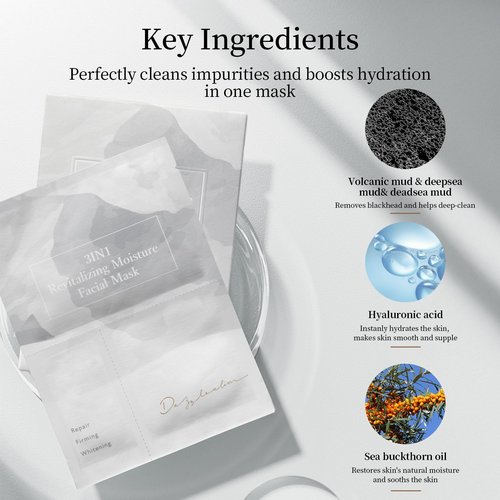 Dazzelslim Face Masks for Women & Men - 12 Facial Masks with Volcanic Mud, Hyaluronic Acid, Sea Buckthorn Oil, EGF & Tranexamic Acid for Cleanses, Hydrates & Brightens, Fragrance-Free, Made in Taiwan