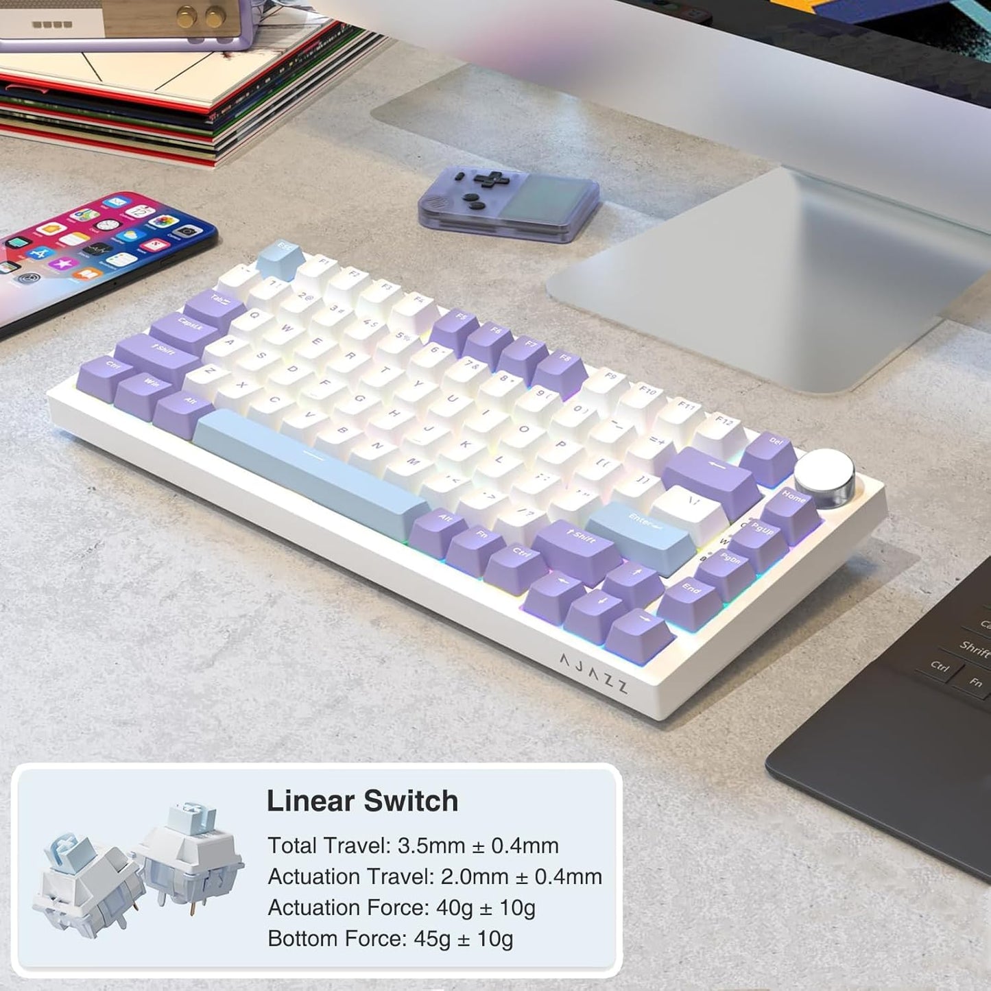 AJAZZ AK820 Pro 75% Gasket RGB Wireless Mechanical Keyboard with TFT Screen, Volume knob, Bluetooth/2.4G/Wired 3-Modes, Compact 82 Hot-Swap Keys, Tricolor PBT Keycap, 4000 mAh (Gray&Yellow 3-Modes)