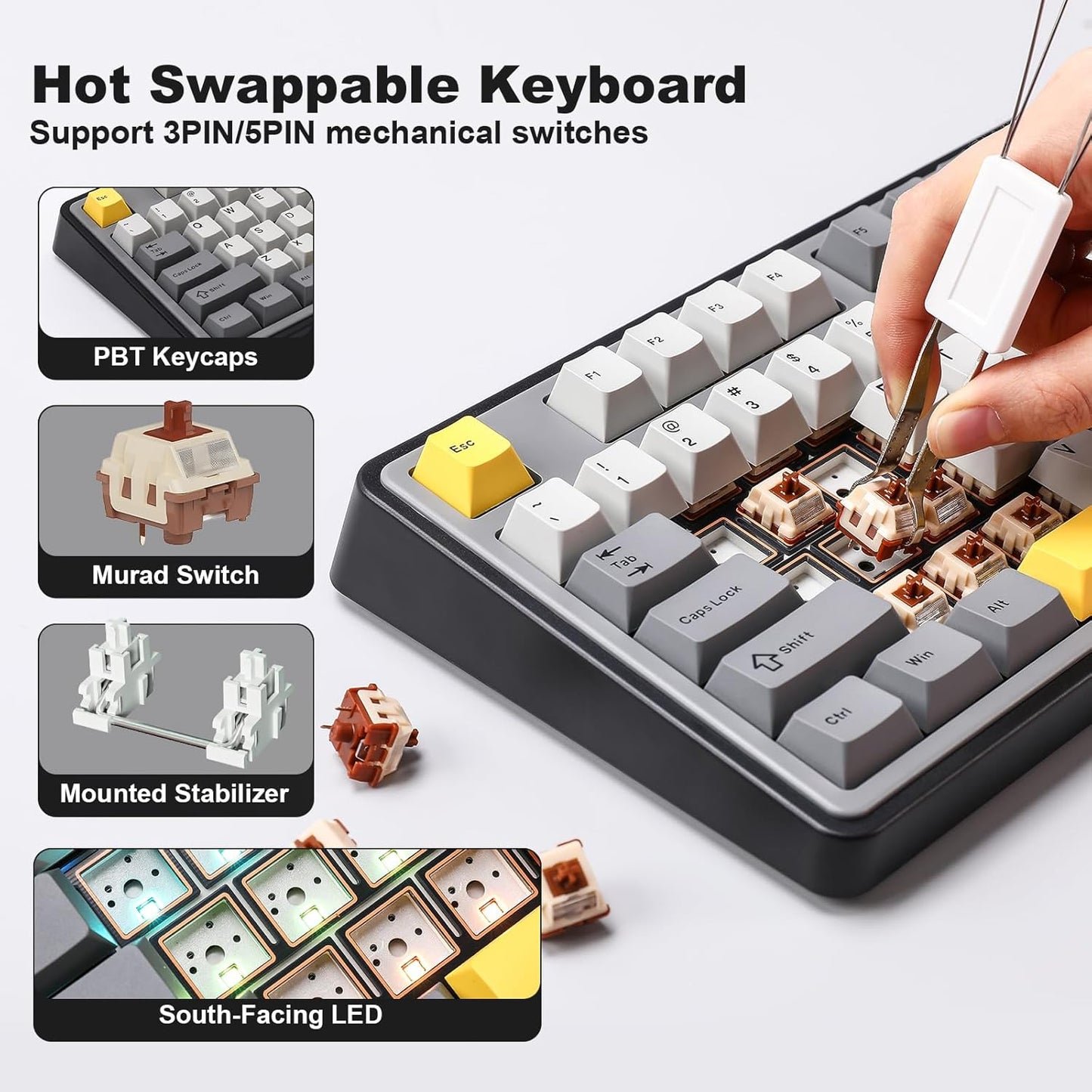 AJAZZ AK980 Mechanical Keyboard with Smart Display & Knob,98% Wireless Keyboard Tri-Mode BT/2.4G/USB-C, Hot Swappable, PBT Keycaps, with RGB Light for Win & Mac(Purple,Murad Switch)
