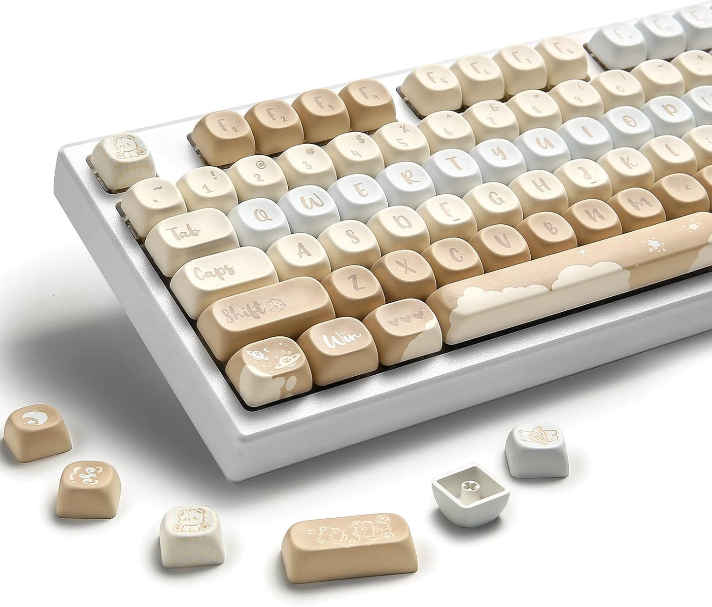 YUNZII 132 Keys MOA Keycaps, Dye-Sublimation PBT Custom Keycap Set for MOA Profile, Cute Bear Customized Pattern Keycaps for MX Switches Mechanical Gaming Keyboard (Butter)