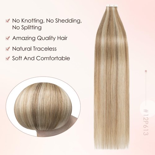 Human Hair Tape in Extensions-Double Stitched,SLEEKALON Free-cut Mini Tape ins Real Hair Extension Highlights Bleach Blonde mix Brown Seamless Straight Double Side Tape Hair-16 Inch,20pcs 50g,#12P613