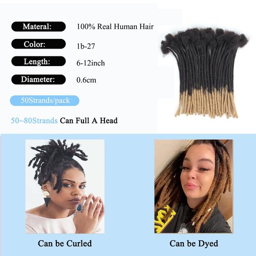8 inch 50 Strands Loc Extensions Human Hair, 0.6cm Width 100% Human Hair Dreadlock Extensions for Men/Women, Can be Dyed Soft Dreads Extensions,1b/27