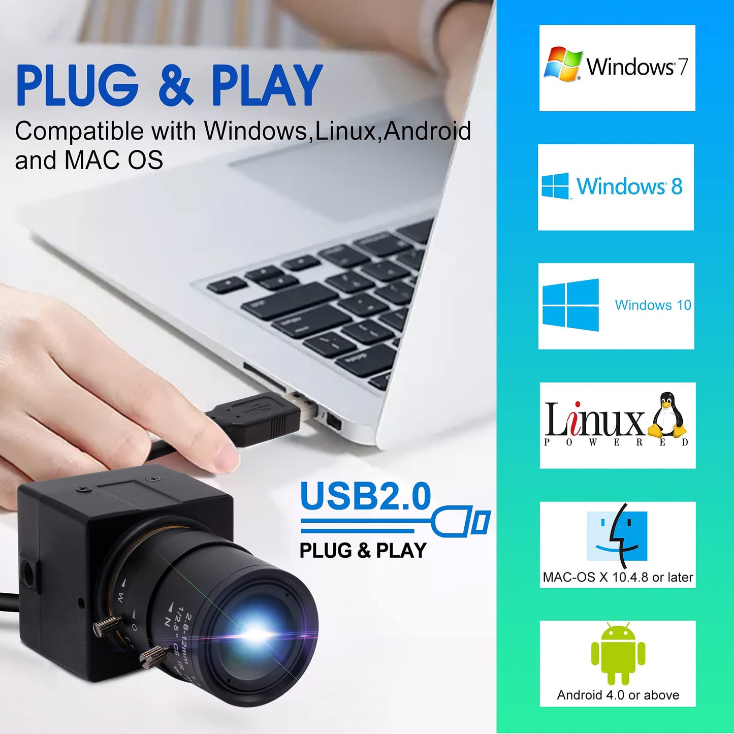 ALPCAM 4K Wide Angle Varifocal Zoom Lens Webcam Ultra HD 2160P 30fps Plug and Play USB Computer Camera for Windows/Linux/Raspberry Pi/Mac