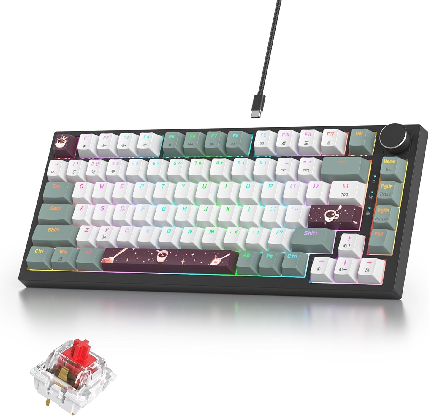 75% Mechanical Gaming Keyboard with Volumn Knob, Gasket Hot Swappable RGB, Wired, Red Switch, 82 Keys Compact Creamy (Black Grey)