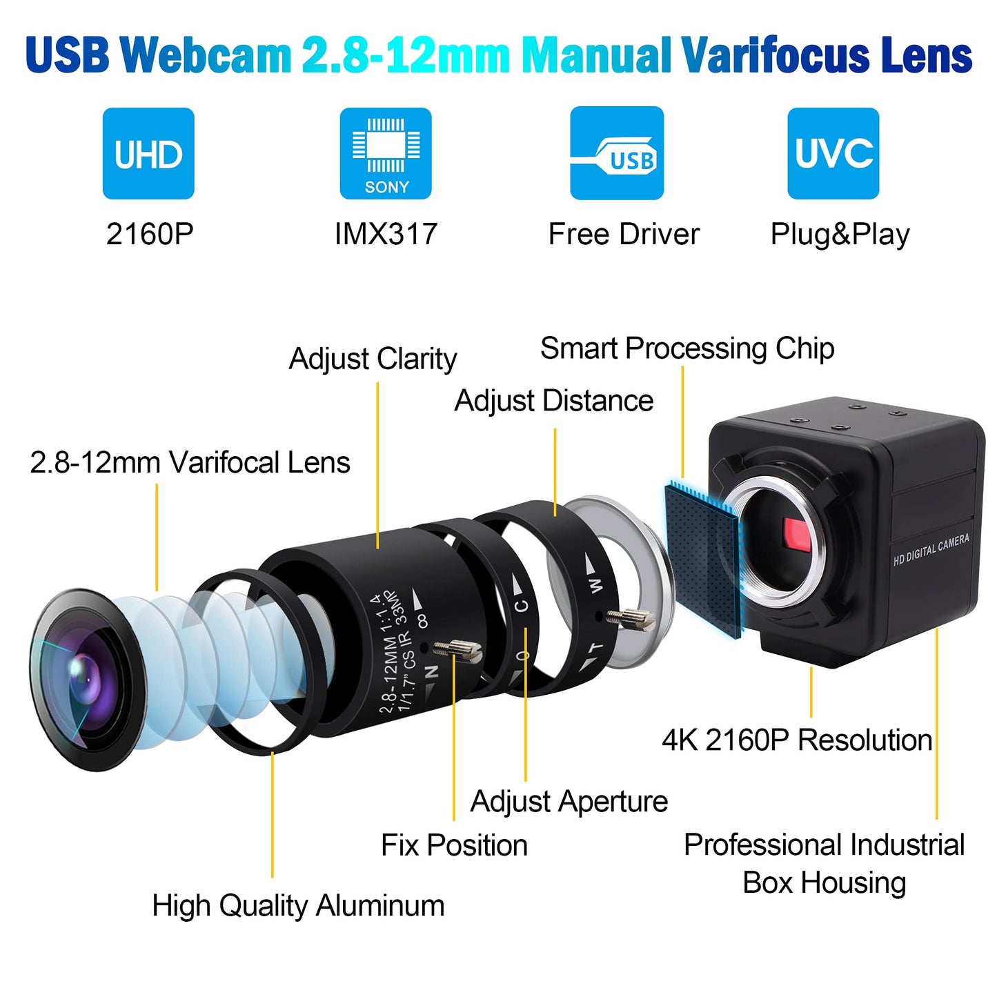 4K USB Camera Manual Zoom Webcam 2.8-12mm Variable Focus PC Camera for Computer Mini UVC USB2.0 Web Camera IMX317 Varifocal USB with Camera Industrial Video Close-up Camera for Laptop Android Mac