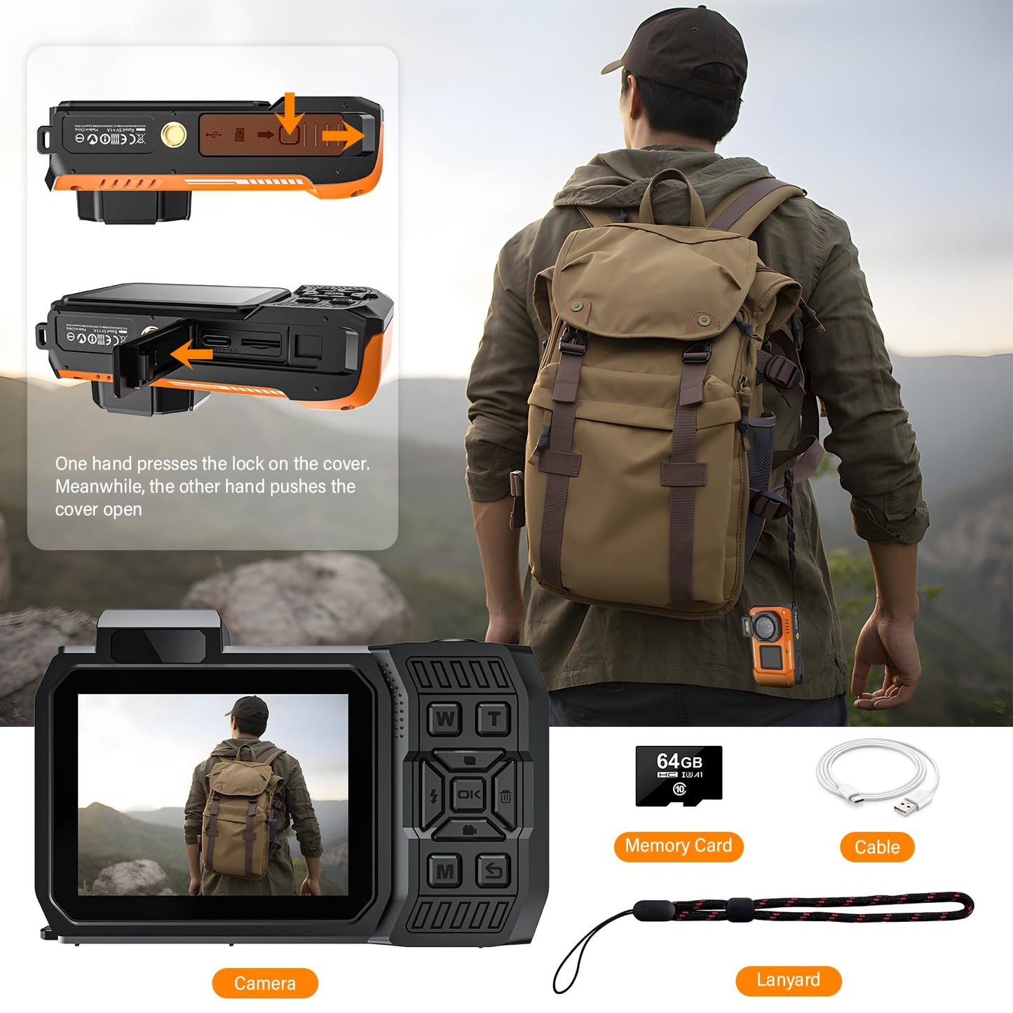 8K UHD 70MP WiFi Digital Camera with 64GB Card Rugged Waterproof Dustproof Shockproof 33FT Underwater Camera Dual-Screen Selfie for Snorkeling Autofocus Point and Shoot Digital Camera (Orange)