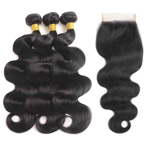 SIIKAP 10A Brazilian Human Hair Bundles Body Wave 3 Bundles with Lace Closure 4x4 Free Part Unprocessed Body Wave Human Hair Bundles with Closure (20 22 24+18) Natural Color