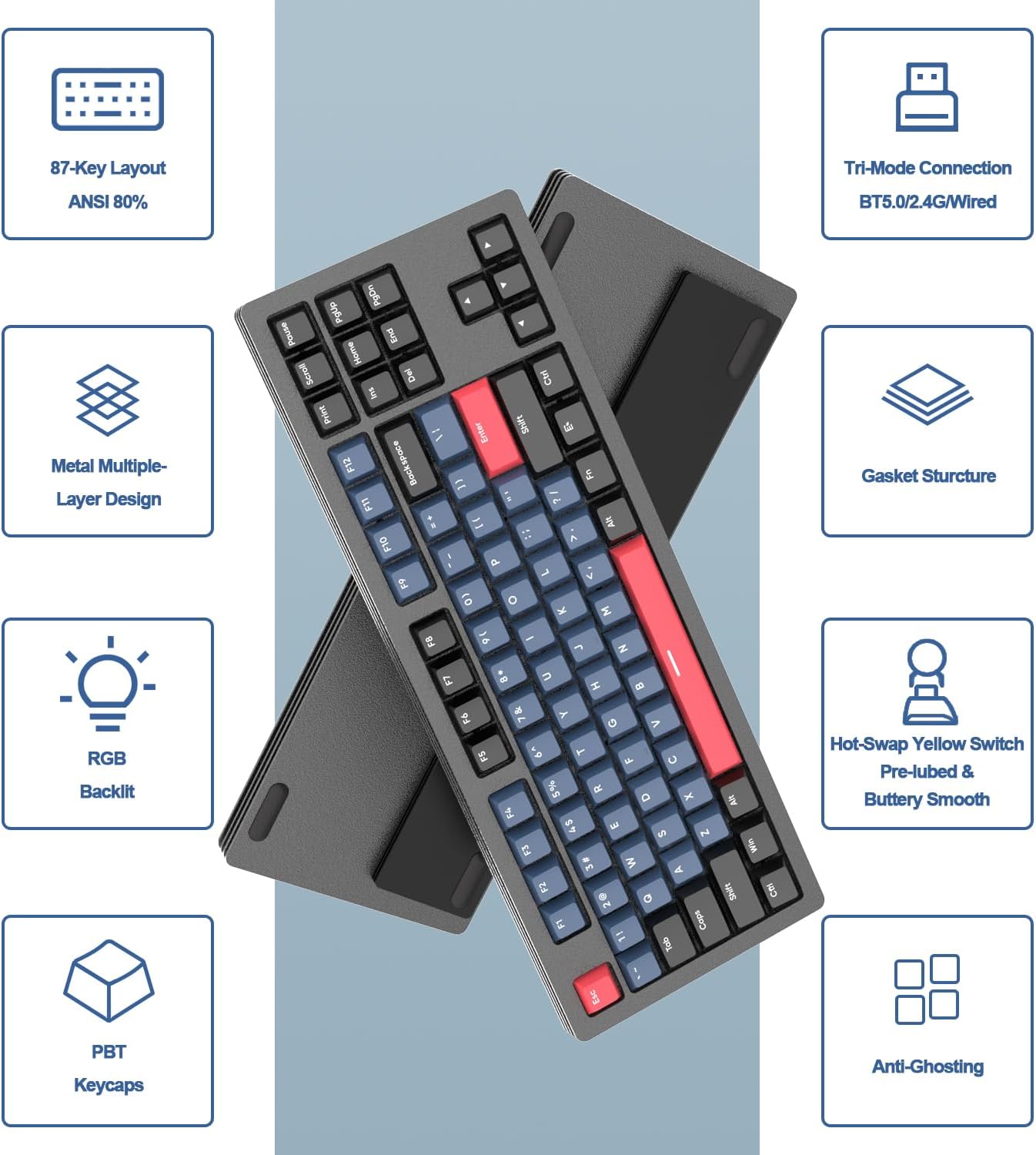 AKC087 Wireless Mechanical Keyboard, 87 Keys Compact TKL Gaming Keyboard, BT5.0/2.4G/Wired 75% Keyboard, RGB Hot Swappable Mechanical Keyboard OEM Profile Yellow Switch for Windows Mac Laptop