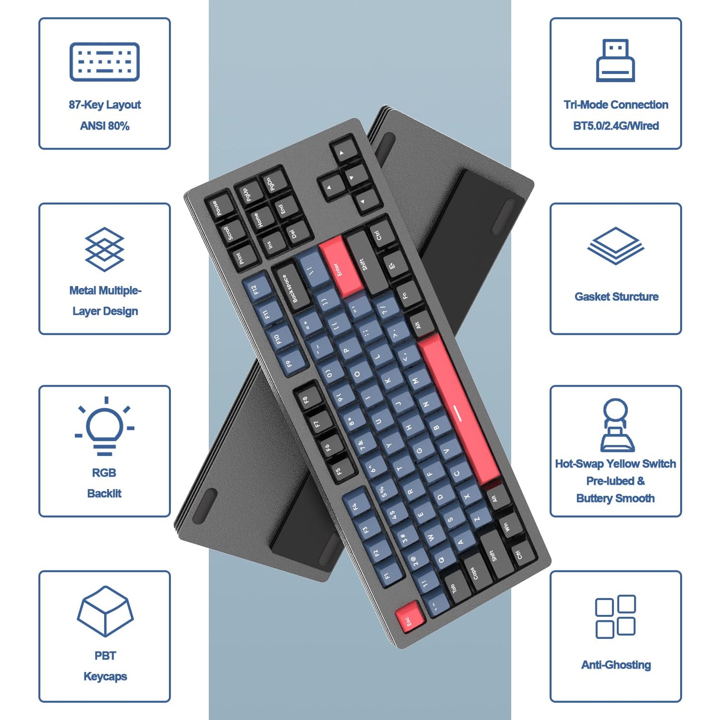 AKC087 Wireless Mechanical Keyboard, 87 Keys Compact TKL Gaming Keyboard, BT5.0/2.4G/Wired 75% Keyboard, RGB Hot Swappable Mechanical Keyboard OEM Profile Yellow Switch for Windows Mac Laptop