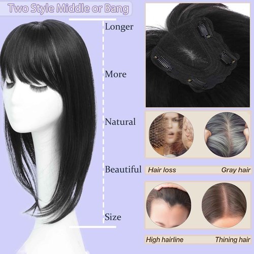 Hair Toppers for Women Real Human Hair, 360°3D Topper for Women with Thinning Crown Wispy Clip in Bangs Breathable Hand Tied Craft Big Coverage Hairpieces(Dark Brown(Big Coverage), 16 Inch-3D-Wispy)