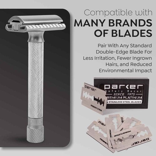 Parker THE VARIANT CLOSED COMB - ADJUSTABLE Double Edge Safety Razor, Customize your Shave with a Turn of the Dial from Mild to Aggressive - 5 Blades Included (SATIN CHROME)