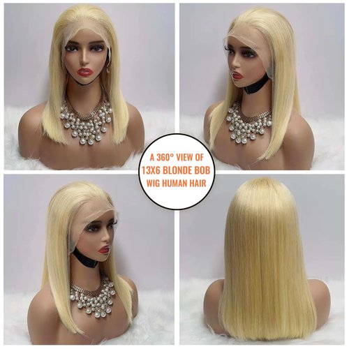 613 Bob Wigs 13x6 Blonde Lace Front Wig Human Hair Bob 180% Density Straight 613 Blonde Wig Human Hair Free Part Pre Plucked 14 Inch HD Transparent Blunt Cut Lace Front Bob Wigs for Black Women