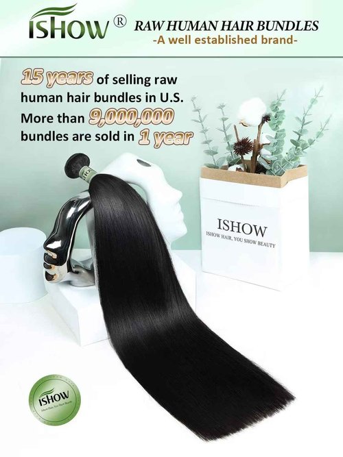 ISHOW Raw Human Hair Bundles, 100% Unprocessed Virgin Human Hair, 15A Straight Premium Quality Bundles Producer, 16 Inch Single Bundle, Long Lasting, Color 1B