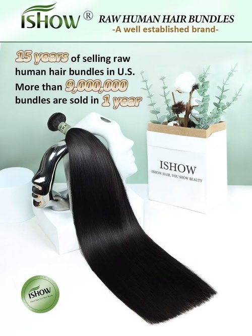 ISHOW Raw Human Hair Bundles, 100% Unprocessed Virgin Human Hair, 15A Straight Premium Quality Bundles Producer, 10 Inch Single Bundle, Long Lasting, Color 1B