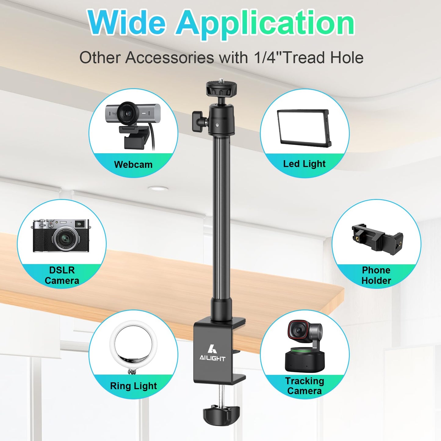 ailight Webcam Stand for Desk, Adjustable Camera Desk Stand Webcam Mount for Obsbot GoPro Anker insta Logitech Webcam C922 C930e C920S C920 C615 C960 C920x with 1/4" Thread