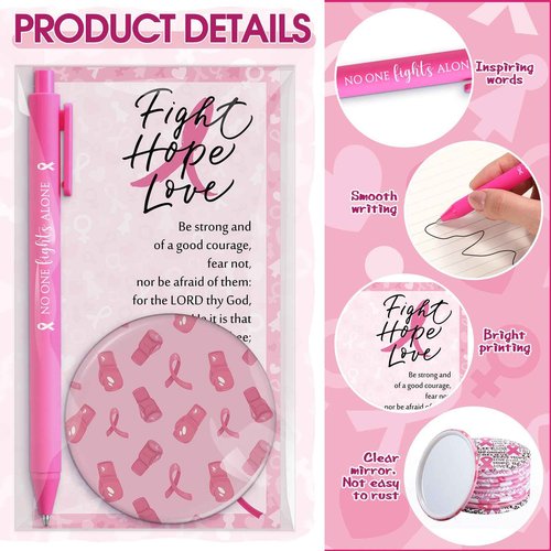 Pinkunn 100 Sets Breast Cancer Awareness Accessories Bulk Breast Cancer Gift for Women Compact Mirrors with Pink Ribbon Boxing Glove Design, Ballpoint Pens, Motivational Cards Charity Party Favors